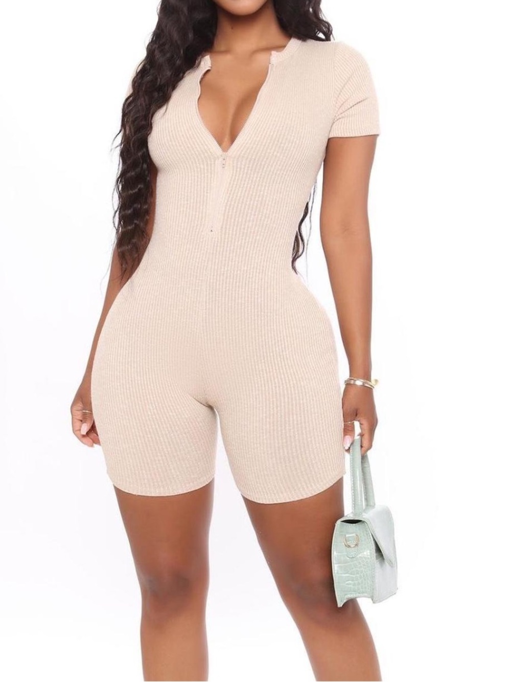 Fashion Nova Ribbed Short-Sleeve Bodysuit Romper - Beige